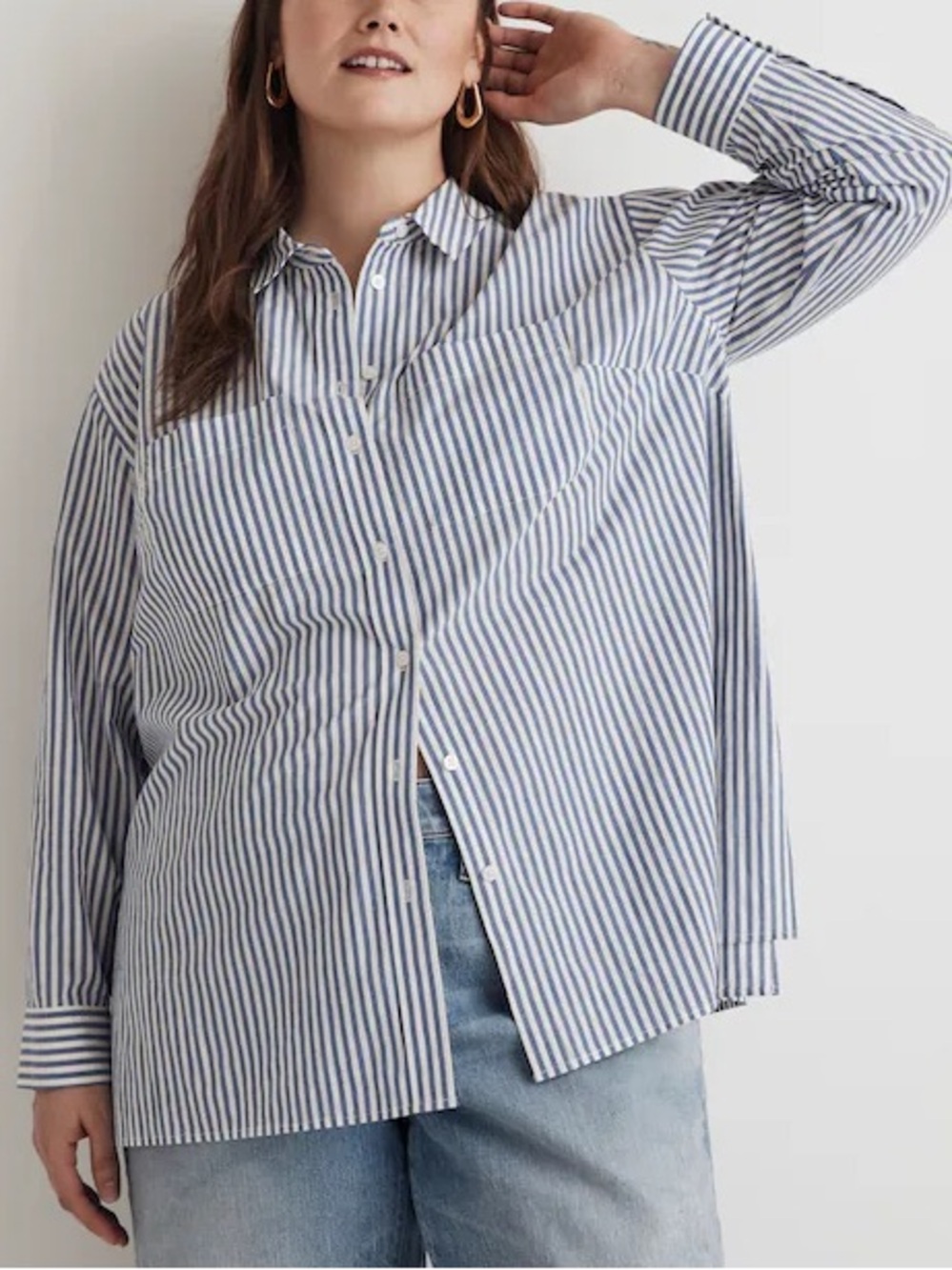 Madewell Blue and White Striped Plus Oversized Patch Pocket Shirt Size 2X